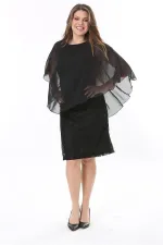 Kadın Büyük Beden Siyah Şifon Pelerinli Astarlı Dantel Elbise 65N37773