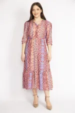WOMEN'S COLORFUL COLLAR DRESS WITH FRILLED FRONT PLACE, ORNAMENTAL BUTTONS, WAIST AND ARM EMBROIDERY DETAILED