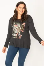KADIN FÜME BASKI DETAYLI TAŞ İŞLİ KELEBEK FİGÜRLÜ BİSİKLET YAKA TUNİK
