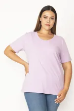 Kadın Lila Pamuklu Kumaş V Yakalı Kısa Kollu Bluz 65N29546