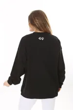 Kadın Büyük Beden Siyah Pamuk Kumaş Nakışlı Sweatshirt 65N37617