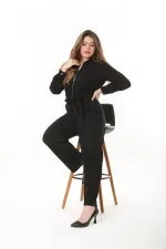 Kadın Büyük Beden Siyah Ön Fermuarlı Arka Beli Lastik Ve Kuşak Detaylı Cepli Tulum 65N37469