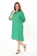 Kadın Büyük Beden Nar Ön Pat Düğmeli Süs Göğüs Cepli Kol Boyu Ayarlı Elbise 65N37871