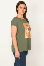 KADIN HAKİ PAMUKLU KUMAŞ DİJİTAL BASKILI KISA KOLLU BLUZ