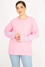 Kadın Bej Büyük Beden Kol Baskılı Sweatshirt