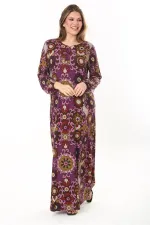 Kadın Büyük Beden Kahve Yaka Bağcıklı Uzun Kollu Maksi Boy Elbise 65N37866