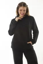 Kadın Büyük Beden Siyah Kanguru Cep Ve Kapşonlu Sweatshirt Pantolon İliki Takım 65N37053
