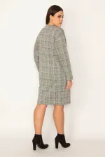 KADIN GRİ EKOSE DESENLİ SIFIR YAKA YAN CEPLİ ELBİSE