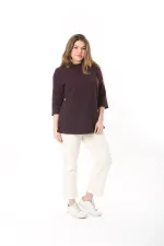 Kadın Büyük Beden Mürdüm Sıfır Yakalı Kendinden Desenli Kapri Kollu Tunik 65N37495