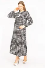 Kadın Siyah Dokuma Viskon Kumaş Etek Ucu Katlı Uzun Kollu Elbise 65N35513