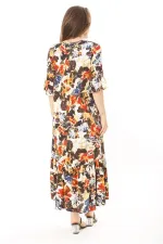 Kadın Büyük Beden Mavi Dokuma Viskon Kumaş Eteği Katlı Kısa Kollu Elbise 65N37868