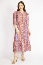 WOMEN'S COLORFUL COLLAR DRESS WITH FRILLED FRONT PLACE, ORNAMENTAL BUTTONS, WAIST AND ARM EMBROIDERY DETAILED