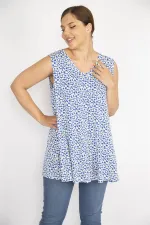 Kadın Mavi Büyük Beden V Yakalı Önü A Pile Çiçek Desenli Bluz