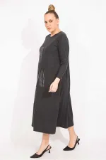 Kadın Antrasit Suni Deri Garnili Uzun Kollu Elbise 65N35528