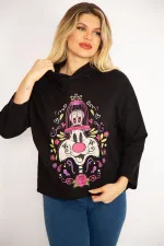 Kadın Siyah Dijital Baskılı Kapşonlu Sweatshirt 65N35083