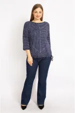 Kadın Lacivert Büyük Beden Pamuklu Kumaş Çizgi Kombinli Bluz 65N35571