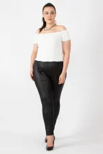 Women's Black Leather Look Elastic Waist Leggings Trousers 65N16748