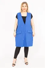 Kadın Saks Büyük Beden Ön Düğmeli Süs Cepli Uzun Yelek 65N35779