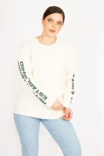 Kadın Bej Büyük Beden Kol Baskılı Sweatshirt