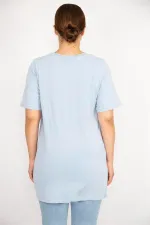 Kadın Büyük Beden Bebe Mavisi Payet Ve Taş İşli Bisiklet Yakalı Bluz