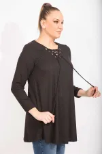 Kadın Antrasit Rahat Kesim Kaşkorse Kumaş Yakası Kuşgözü Bağcık Detaylı Uzun Tunik 65N35499