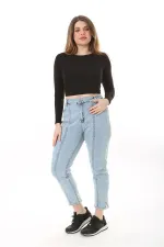 Kadın Büyük Beden Mavi Kup Dikiş Detaylı Likralı 5 Cep Kot Pantolon 65N37641