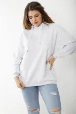 Women's Plus Size Gray Three-Thread Hooded Sweatshirt with Back Print 65N37204