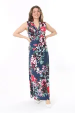 Kadın Büyük Beden Renkli Göğüs Büzgü Detaylı Kuşaklı Elbise 65N37966