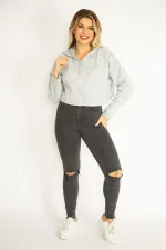 Kadın Gri İçi Şardonlu 2 İplik Kumaş Kapşonlu Sweatshirt 65N35076