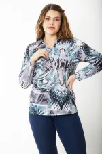 Kadın Büyük Beden Bordo Ön Patı Fermuarlı Uzun Kollu Desenli Bluz 65N37218