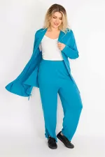 Kadın Mavi Yan Bağcık Detaylı Hırka Pantolon Takım 65N34906