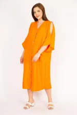 Kadın Camel Büyük Beden Omuz Dekolteli Ön Düğmeli Elbise
