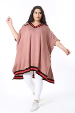 Kadın Büyük Beden Pudra V Yakalı Triko Panço 65N38571