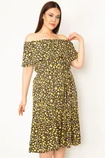 KADIN KEMİK PUAN DESEN YAKASI LASTİK VE VOLAN DETAYLI ETEĞİ KATLI DOKUMA VİSKON KUMAŞ ELBİSE