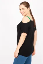 Kadın Siyah Büyük Beden Taş Ve Askı Detaylı Bluz