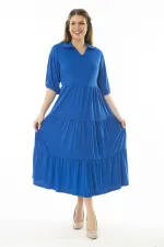 Kadın Büyük Beden Saks Yakalı Kol Ağzı Lastik Detaylı Katlı Uzun Elbise 65N37071