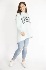 Kadın Bebe Mavisi Büyük Beden Payet Detaylı Kapşonlu Arkası Uzun Sweatshirt