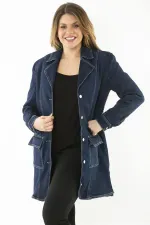 MANTEAU FEMME EN DENIM LYCRA BLEU MARINE AVEC BOUTON ET POCHE DEVANT