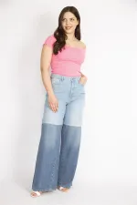 Kadın Mavi Büyük Beden Renk Detaylı Geniş Paça Kot Pantolon