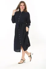 Kadın Lacivert Ön Düğmeli Roba Büzgülü Uzun Kuşaklı Elbise 65N37882