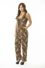 Kadın Büyük Beden Renkli V Yakalı Yan Cepli Renkli Tulum 65N36877