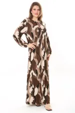 Kadın Büyük Beden Kahve Yaka Bağcıklı Uzun Kollu Maksi Boy Elbise 65N37866