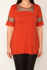 KADIN ORANJ FİLE DETAYLI VİSKON BLUZ