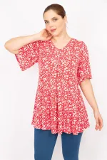 Kadın Kırmızı Büyük Beden Önü A Pileli V Yakalı Tunik
