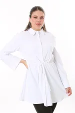 Kadın Büyük Beden Beyaz Ön Düğmeli Beli Tünel Bağcıklı Likralı Tunik Elbise 65N37700