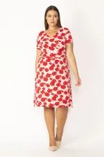 WOMEN'S RED WRAPPED COLLAR FLORAL PATTERNED VISCOSE DRESS