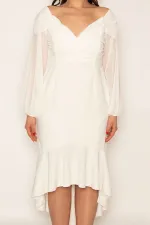 Kadın Kemik Göğüs Drapeli Kolları Şifon Eteği Volanlı Astarlı Abiye Elbise 85N7316