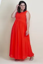 KADIN NAR PİLİSE DETAYLI ASTARLI UZUN KOLSUZ ELBİSE