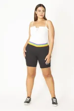 Kadın Büyük Beden Siyah Pamuklu Kumaş Beli Renkli Lastikli Cepli Şort 65N36780