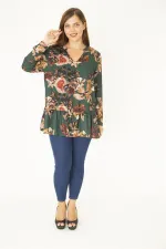 Kadın Büyük Beden Yeşil V Yakalı Etek Ucu Katlı Astarlı Şifon Tunik 65N36955